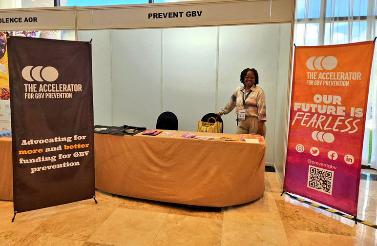We had the honour of hosting a booth at SVRI that allowed us to share our mission while learning more about the GBV community. In frame: Marie-Simone Kadurira, Communications Consultant at The Accelerator for GBV Prevention, at our SVRI Booth